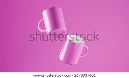 Double Light Deep Pink floating mugs on a Light Deep Pink background. bright studio lighting.