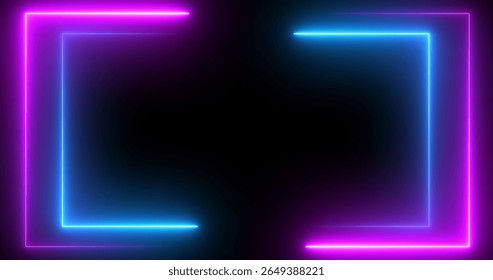 Double neon rectangles outlines moving with empty copyspace in black. Square geometric frame for wishes, messages, social media greetings.  Advertisement banner board sign. Disco club motel outlet.