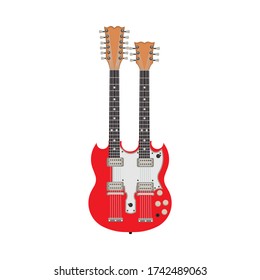 Double Red Electric Guitar Illustration Rock Instrument. Two Flat Design Equipment Bass. Isolated Jazz Song Icon. Vintage Body Symbol Metal Concert Entertainment