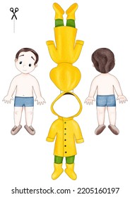 Double Sided Drawn Paper Doll Boy In Underwear For Dressing Up In A Yellow Raincoat With A Hood. Digital Illustration In Watercolor Style. A4 Format. 