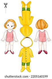 Double Sided Drawn Paper Doll Girl In Underwear For Dressing Up In A Yellow Raincoat With A Hood. Digital Illustration In Watercolor Style. A4 Format. 