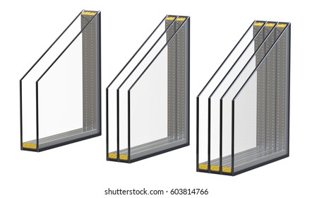 Double Triple And Quadruple Windows  Pane Insulated Glazing. 3D Render, Isolated On White Background.