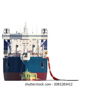 A double-acting Arctic tanker at a single-point mooring (SPM buoy). Oil terminal with connected flexible hoses. The process of oil transshipment. Isolated on white. 3d-rendering - Shutterstock ID 2081283412