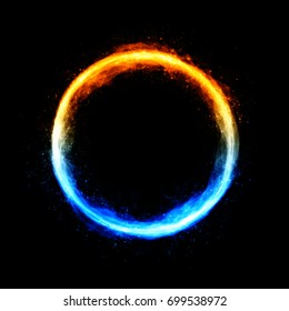 Double-coloured (cold and warm) circle with sparkles and free space in center isolated on black background