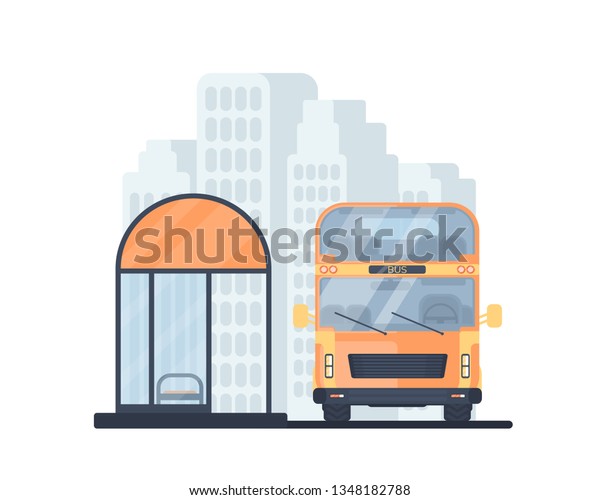 Double-decker bus with bus\
stop. Vehicle for transportation passangers. Excursion transport.\
Urban\
background.