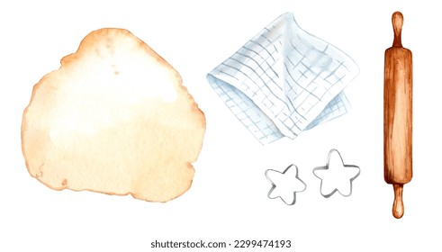 Dough for baking watercolor. Hand drawn dough, kitchen towel and rolling pin isolated on white background. Homemade pastry sketch illustration for menu and cookbook - Powered by Shutterstock