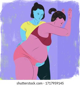 Doula Helping A Mother Give Birth Using The Standing Relief Technique