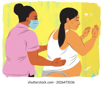 Doula In Medical Mask Helping Pregnant Woman Give Birth