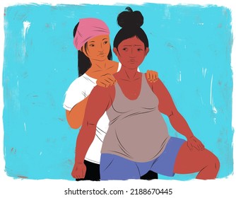 Doula Supporting A Mother Standing During Child Birth Labor