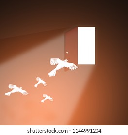 Dove Flying Out Of The Gate To The Light. / Release Pigeons. / Freedom Symbol.