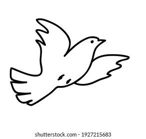 Dove flying in the sky line drawing. Black and white bird illustration