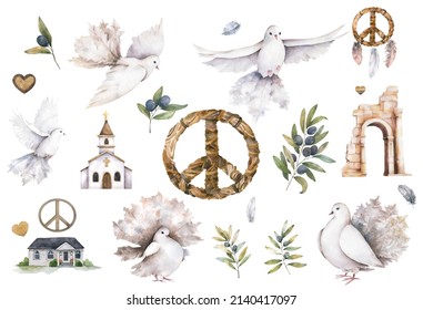 Dove And Olive Branch, Peace Sign, Watercolor Illustration, Watercolor Bird, Dove Of Peace Flies, No War, Love, Olives, Peaceful Sky, Church, Peace House Clipart On A White Background In Pastel Colors