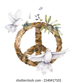 Dove And Olive Branch, Peace Sign, Watercolor Illustration, Watercolor Bird, Dove Of Peace Flies, No War, Love, Olives, Peaceful Sky, Clipart On A White Background In Pastel Colors