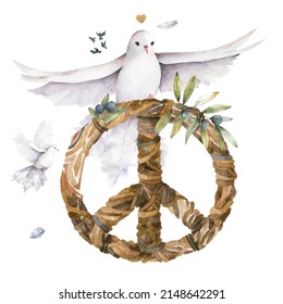 Dove And Olive Branch, Peace Sign, Watercolor Illustration, Watercolor Bird, Dove Of Peace Flies, No War, Love, Olives, Peaceful Sky, Clipart On A White Background In Pastel Colors