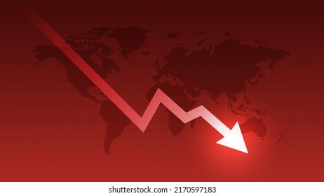 Down Arrow Financial Crisis World Economy Business Chart On Crash Global Market Background With Loss Finance Stock Graph Concept Or Low Money Price Currency Bankruptcy And Fall Economic Investment.