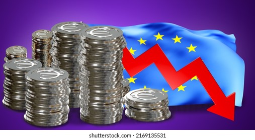 Down Arrow Near Euro Coins. Reserve Stocks Of European Union Concept. Money And Flag Europe. Decrease In Reserve Stocks European Union. Falling Euro Exchange Rate Metaphor. EU Infographic. 3d Image.