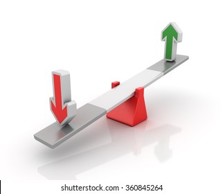 Up and Down Arrows Balancing on a Seesaw - Balance Concept - High Quality 3D Render 