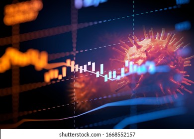 Down Trend Financial Graph On NCov Corona Virus Microscope Image ,concept Of Economic Crisis Effect By Covid -19 .3d Illustration

