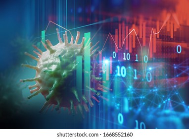 Down Trend Financial Graph On NCov Corona Virus Microscope Image ,concept Of Economic Crisis Effect By Covid -19 .3d Illustration

