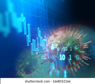 Down Trend Financial Graph On NCov Corona Virus Microscope Image ,concept Of Economic Crisis Effect By Covid -19 .3d Illustration

