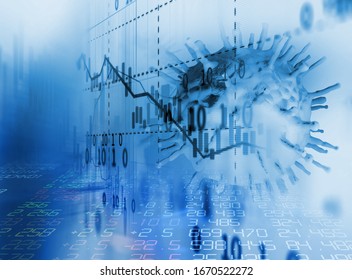 Down Trend Financial Graph On NCov Corona Virus Microscope Image ,concept Of Economic Crisis Effect By Covid -19 .3d Illustration
