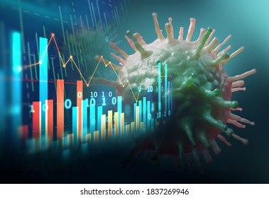 Down trend financial graph on nCov corona virus microscope image ,concept of economic crisis effect by covid -19 .3d illustration - Shutterstock ID 1837269946