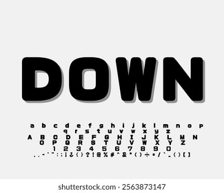 DOWN typeface aesthetic simple bold font with isolated uppercase lowercase letters nunerals from 1 2 3 4 5 6 7 8 9 0 symbols characters typography round bold chubby design black text grey background