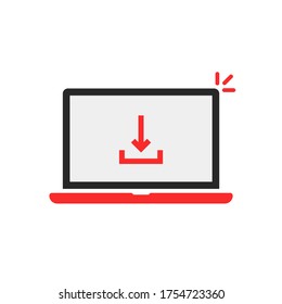 download arrow in red laptop on white. concept of software updating or loading and torrent upload status. cartoon minimal flat style trend modern simple logotype graphic design element