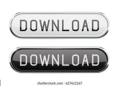 Download Glass Button. Oval Black And White Buttons With Chrome Frame. 3d Illustration Isolated On White Background. Raster Version