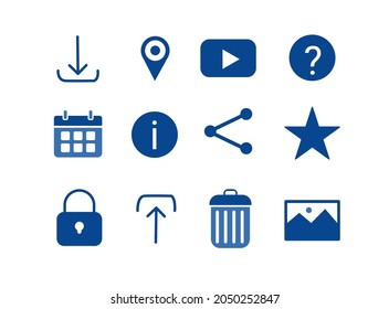 Download, Gps , Youtube Sign, Calendar Icon, Share Icon, Star Symbol, Lock Sign, Delete, Gallery Icon For App And Desktop, All 12 Icons Signs And Symbol In Blue Solid Colour