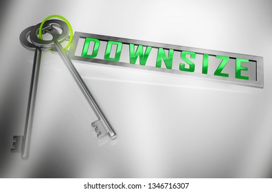 Downsize Home Keys Means Downsizing Property Due To Retirement Or Budget. Find A Tiny House Or Apartment - 3d Illustration