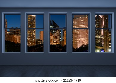 Downtown Chicago City Skyline Buildings From High Rise Window. Beautiful Expensive Real Estate Overlooking. Epmty Room Interior Skyscrapers View In Penthouse Cityscape. Night. 3d Rendering.