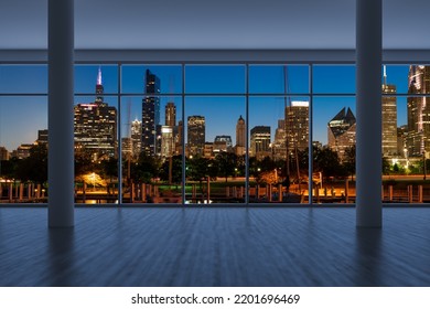 Downtown Chicago City Skyline Buildings From High Rise Window. Beautiful Expensive Real Estate Overlooking. Epmty Room Interior Skyscrapers View In Penthouse Cityscape. Night. 3d Rendering.