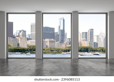 Downtown Chicago City Skyline Buildings from Window. Beautiful Expensive Real Estate. Epmty office room Interior Skyscrapers, View Lake Michigan waterfront, harbor. Cityscape. Day time. 3d rendering. - Powered by Shutterstock