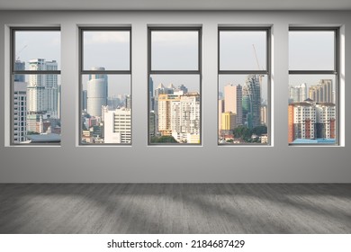 Downtown Kuala Lumpur City Skyline Buildings From High Rise Window. Beautiful Expensive Real Estate Overlooking. Empty Room Interior Skyscrapers View Malaysia. Day Time. 3d Rendering.