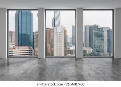 Downtown Kuala Lumpur City Skyline Buildings From High Rise Window. Beautiful Expensive Real Estate Overlooking. Empty Room Interior Skyscrapers View Malaysia. Day Time. 3d Rendering.