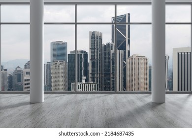 Downtown Kuala Lumpur City Skyline Buildings From High Rise Window. Beautiful Expensive Real Estate Overlooking. Empty Room Interior Skyscrapers View Malaysia. Day Time. 3d Rendering.