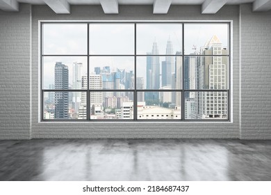 Downtown Kuala Lumpur City Skyline Buildings From High Rise Window. Beautiful Expensive Real Estate Overlooking. Empty Room Interior Skyscrapers View Malaysia. Day Time. 3d Rendering.