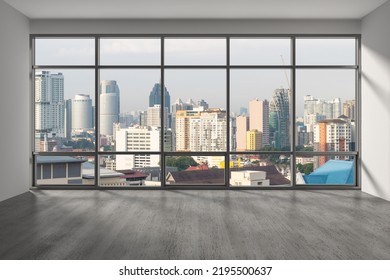 Downtown Kuala Lumpur City Skyline Buildings From High Rise Window. Beautiful Expensive Real Estate Overlooking. Empty Room Interior Skyscrapers View Malaysia. Day Time. 3d Rendering.