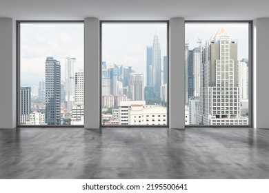 Downtown Kuala Lumpur City Skyline Buildings From High Rise Window. Beautiful Expensive Real Estate Overlooking. Empty Room Interior Skyscrapers View Malaysia. Day Time. 3d Rendering.