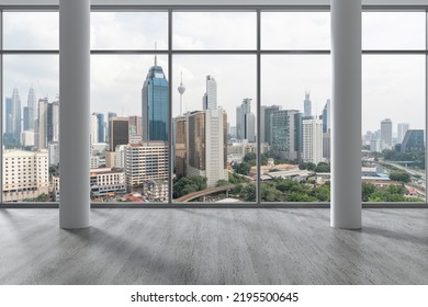 Downtown Kuala Lumpur City Skyline Buildings From High Rise Window. Beautiful Expensive Real Estate Overlooking. Empty Room Interior Skyscrapers View Malaysia. Day Time. 3d Rendering.