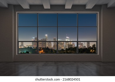 Downtown Los Angeles City Skyline Buildings From High Rise Window. Beautiful Expensive Real Estate Overlooking. Epmty Room Interior Skyscrapers View Cityscape. Night California. 3d Rendering.