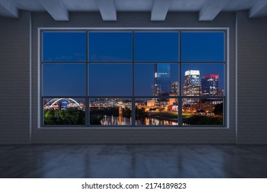 Downtown Nashville City Skyline Buildings From High Rise Window. Beautiful Expensive Real Estate Overlooking. Epmty Room Interior Skyscrapers View Cityscape. Night Tennessee. 3d Rendering.