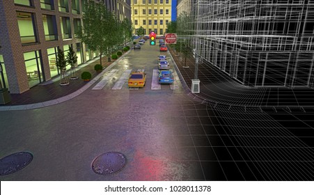 Downtown New York, 3d illustration, road and buildings, skyscrapers and cars