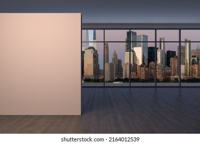 Downtown New York City Lower Manhattan Skyline Buildings. High Floor Window. Mock up wall. Real Estate. Empty room Interior Skyscrapers View Cityscape. Financial district. SUNSET. 3d rendering.