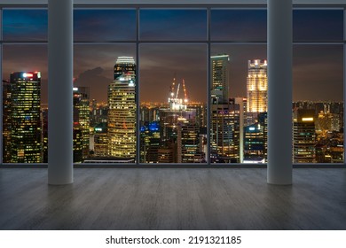 Downtown Singapore City Skyline Buildings From High Rise Window. Beautiful Expensive Real Estate Overlooking. Empty Room Interior Skyscrapers View. Night Time. 3d Rendering.