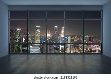 Downtown Singapore City Skyline Buildings From High Rise Window. Beautiful Expensive Real Estate Overlooking. Empty Room Interior Skyscrapers View. Night Time. 3d Rendering.