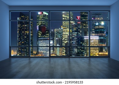 Downtown Singapore City Skyline Buildings From High Rise Window. Beautiful Expensive Real Estate Overlooking. Empty Room Interior Skyscrapers View. Night Time. 3d Rendering.