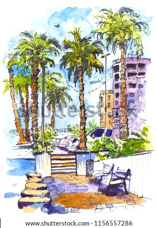 Downtown with street and buildings of Miami City in Florida, USA. Watercolor splash with hand drawn sketch illustration. retro colorful watercolor silhouettes of palm trees.