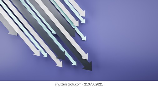 Downward Chart Arrows On Purple Background With Mock Up Place. Down, Drop, Finance And Crisis Concept. 3D Rendering